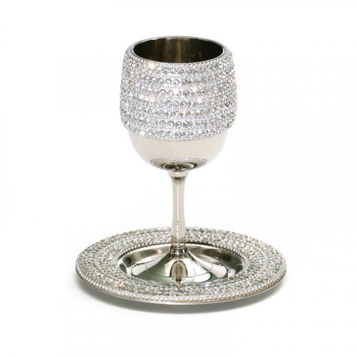 Stainless Steel Kiddush Cup on Stem with Matching Plate - Silver Crystal Stones