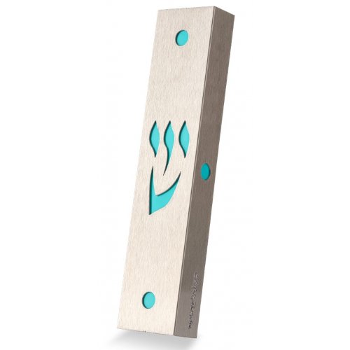 Stainless Steel Mezuzah Case with Cutout Letter Shin, Turquoise - Dorit Judaica