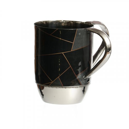 Stainless Steel Netilat Yadayim Wash Cup  Two Tone - Geometric Design on Black