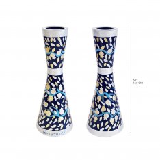 Stainless Steel Silver Pomegranates on Blue Metal Candlesticks - Yair Emanuel