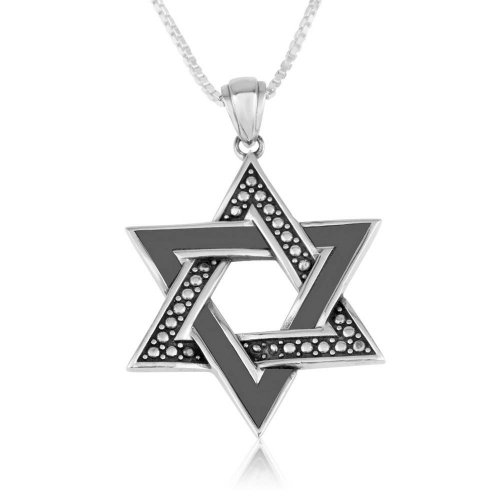 Star of David Pendant with Bead and Smooth Design - Sterling Silver Necklace