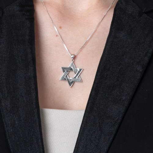 Star of David Pendant with Bead and Smooth Design - Sterling Silver Necklace