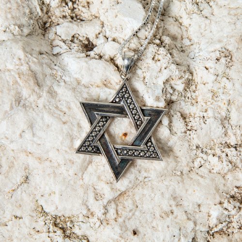 Star of David Pendant with Bead and Smooth Design - Sterling Silver Necklace