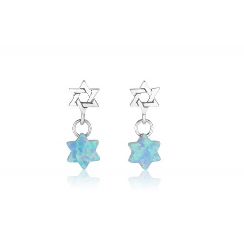 Star of David and Blue Opal Stone Dangle Earrings - Sterling Silver