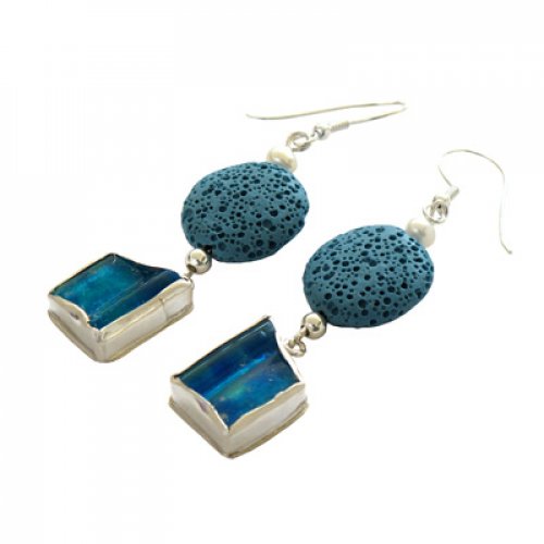 Sterling Silver Dangle Earrings with Roman Glass and Blue Lava Beads - Michal Kirat