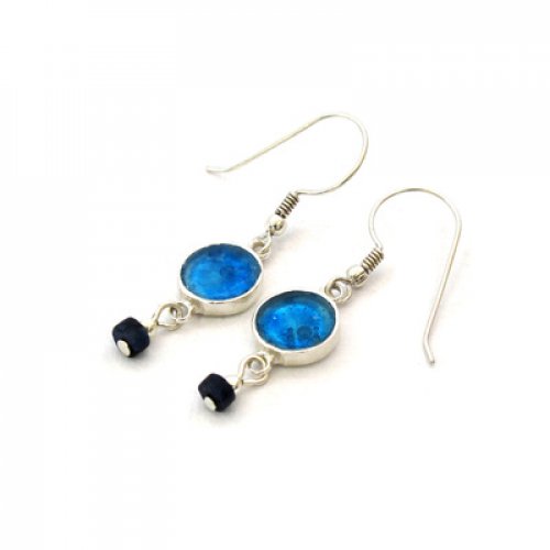 Sterling Silver Dangle Earrings with Roman Glass and Dumortierite Beads - Michal Kirat