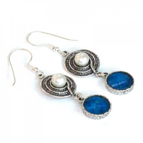 Sterling Silver Dangle Roman Glass Earrings with Pearl on Circular Disc - Michal Kirat