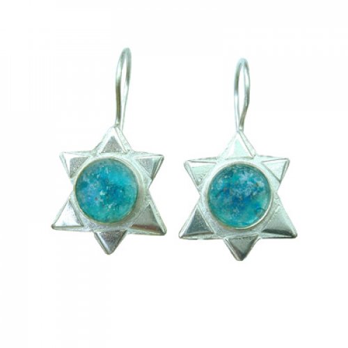 Sterling Silver Drop Earrings, Star of David with Roman Glass Center - Michal Kirat