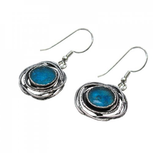 Sterling Silver Earrings with Roman Glass in Round Birds Nest Frame - Michal Kirat