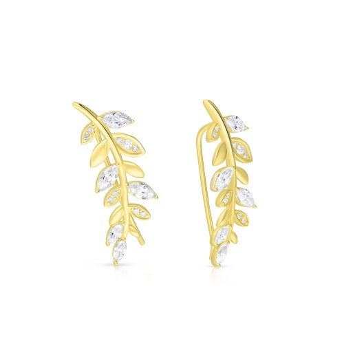 Sterling Silver Gold Plated Stud Earrings, Gleaming Zircons - Curving Leaf Design