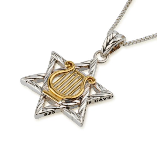 Sterling Silver Necklace - Pendant with Gold Plated David's Lyre on Star of David