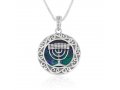 Sterling Silver Necklace - Round Pendant with Temple Menorah and Eilat Stone