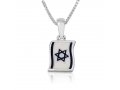 Sterling Silver Necklace, Pendant with Blue and White Star of David on Flag of Israel