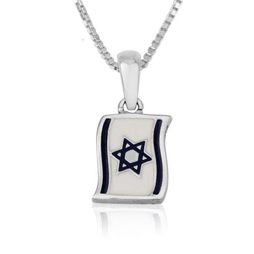 Sterling Silver Necklace, Pendant with Blue and White Star of David on Flag of Israel