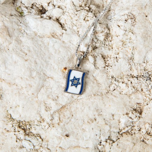 Sterling Silver Necklace, Pendant with Blue and White Star of David on Flag of Israel