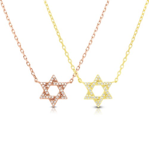 Sterling Silver Necklace, Plated with Yellow Gold - Star of David Pendant with Zircons