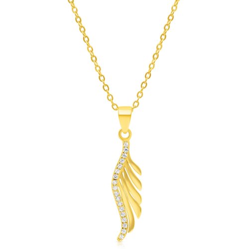 Sterling Silver Necklace Plated with Yellow Gold, Zircon Decorated Leaf Pendant