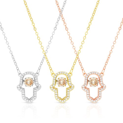 Sterling Silver Necklace, Yellow Gold Plated  Hamsa Hand Pendant with Zircons