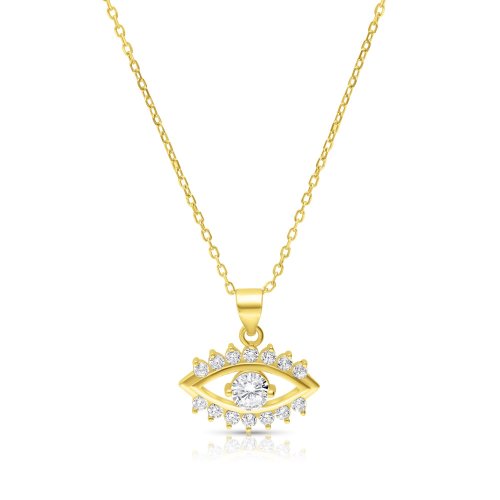 Sterling Silver Necklace Yellow Gold Plated, Zircons - Charm Pendant of Evil Eye