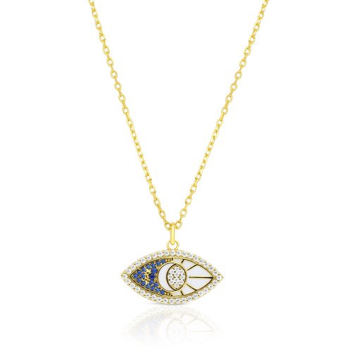 Sterling Silver Necklace Yellow Gold Plated, Zircons - Evil Eye Pendant on Enamel