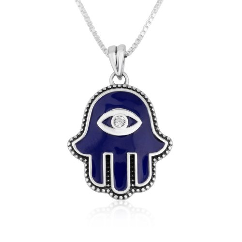 Sterling Silver Pendant Necklace - Blue Enamel Hamsa