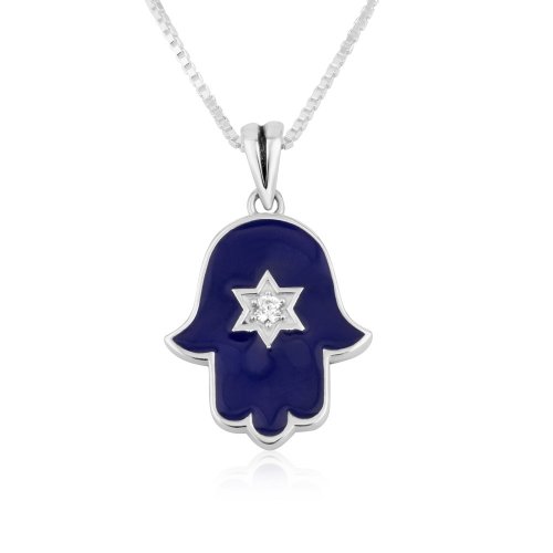 Sterling Silver Pendant Necklace - Blue Enamel Hamsa