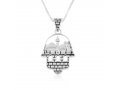 Sterling Silver Pendant Necklace - Jerusalem Images on Palm of Decorative Hamsa