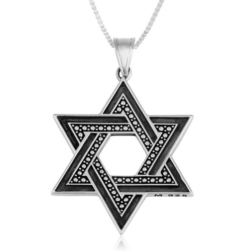 Sterling Silver Pendant Necklace - Large Star of David With Dark and Light Silver