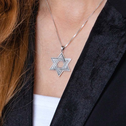 Sterling Silver Pendant Necklace - Large Star of David With Dark and Light Silver