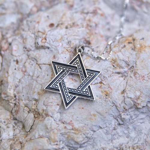 Sterling Silver Pendant Necklace - Large Star of David With Dark and Light Silver