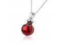 Sterling Silver Pendant Necklace  Red Enamel Pomegranate with Red Garnet Stone