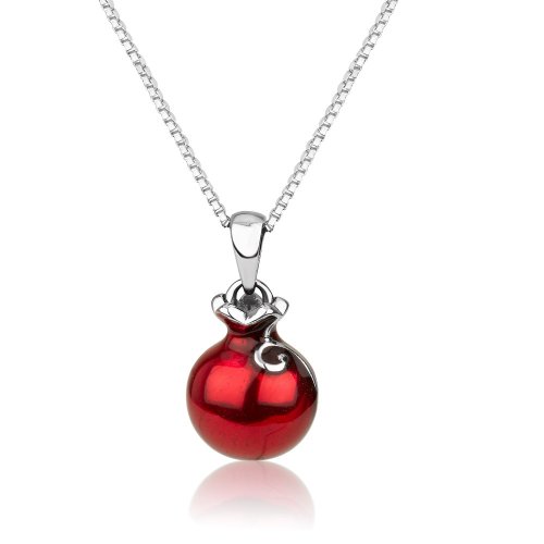 Sterling Silver Pendant Necklace  Red Enamel Pomegranate with Red Garnet Stone