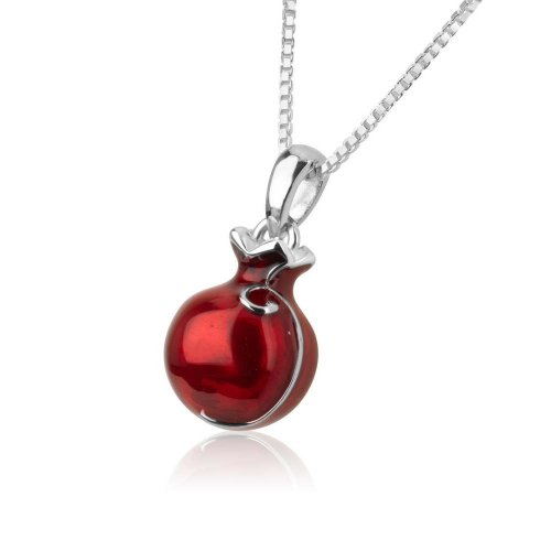 Sterling Silver Pendant Necklace  Red Enamel Pomegranate with Red Garnet Stone