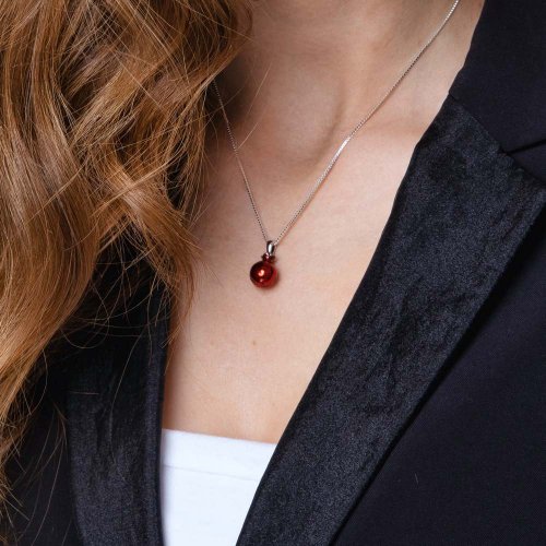 Sterling Silver Pendant Necklace  Red Enamel Pomegranate with Red Garnet Stone