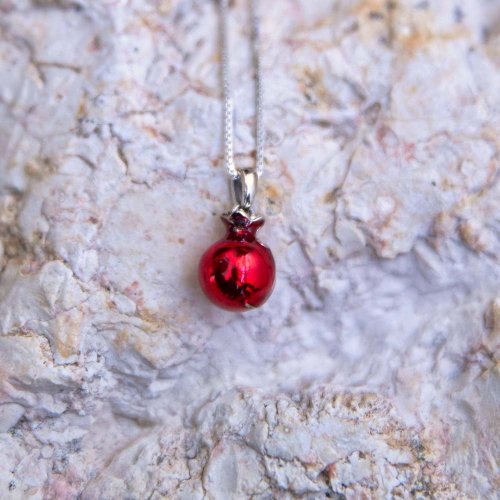 Sterling Silver Pendant Necklace  Red Enamel Pomegranate with Red Garnet Stone