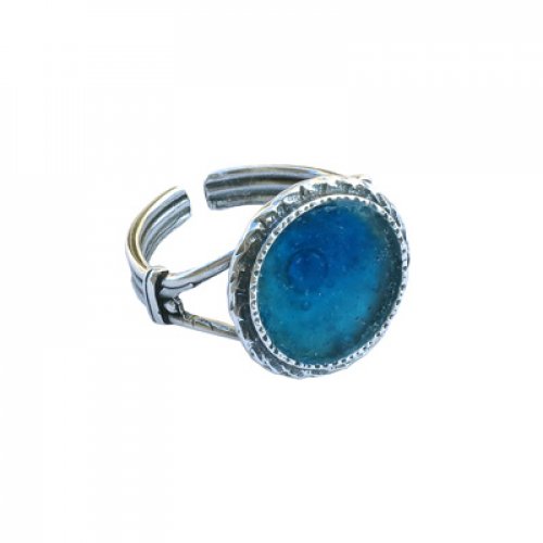 Sterling Silver Ring, Textured with Roman Glass Crown, Adjustable Band - Michal Kirat