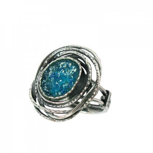 Sterling Silver Ring with Roman Glass Shard with Image of Birds Nest - Michal Kirat