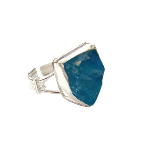 Sterling Silver Ring with Shield Shaped Roman Glass and Adjustable Band - Michal Kirat