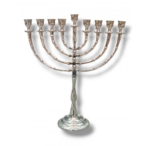 Tall Classic Chanukah Menorah, Nickel Plated Metal - 16 Inches