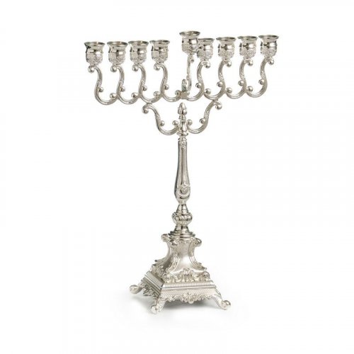 Tall Hanukkah Menorah, Silver Plated with Swirls and Ornate base - 23 cm Height