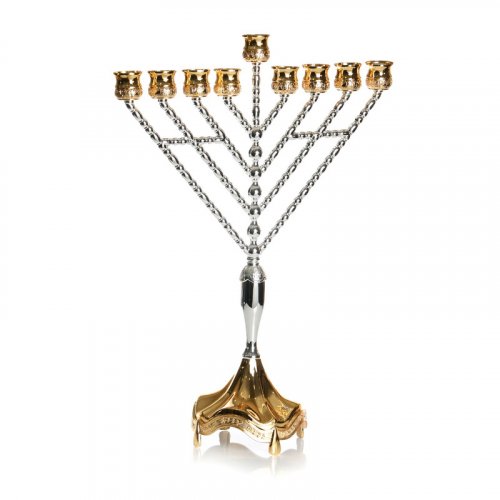 Tall Nickel Lubavitch Chabad Hanukkah Menorah, Gleaming Gold and Silver - 18.9