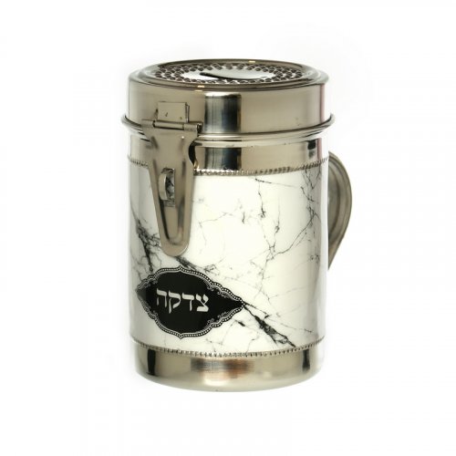 Tall Stainless Steel Charity Box with Handle, Gray on White Marble Design