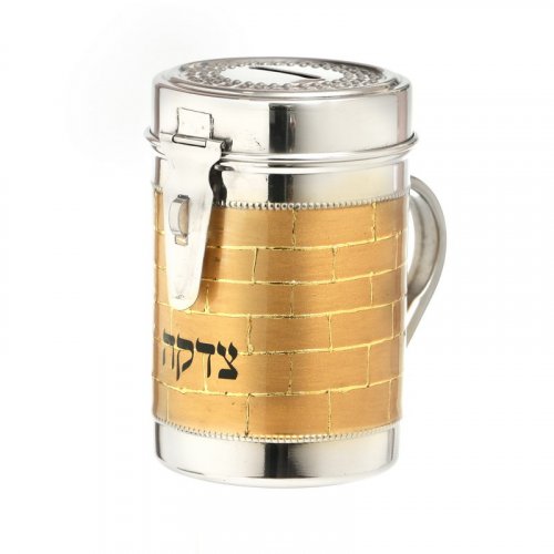 Tall Stainless Steel Charity Box with Handle, Silver and Gold Western Wall Design