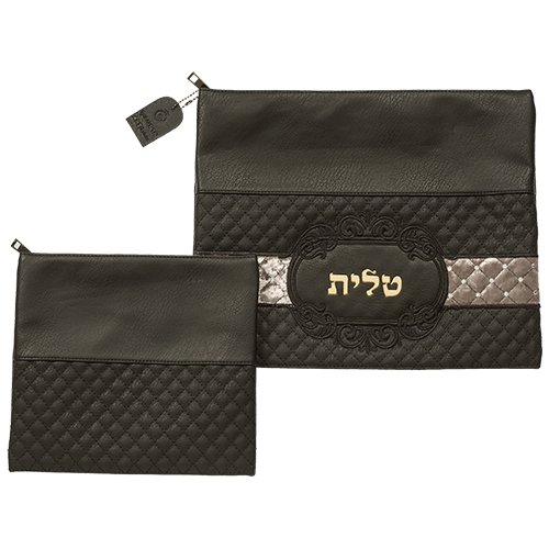 Tallit & Tefillin Bag Set, Diamond Design & Gold Embroidery  Black Faux Leather