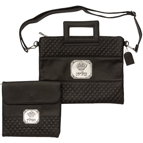 Tallit and Tefillin Bag Set, Decorative Plaque & Shoulder Strap  Black Faux Leather