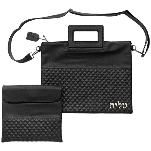 Tallit and Tefillin Bag Set with Shoulder Strap and Handle, Faux Leather  Black