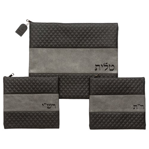 Tallit and Two Bags for Rashi and Rabbeinu Tam Tefillin  Gray, Black Faux Leather