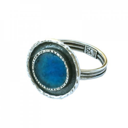 Textured Sterling Silver Ring with Round Roman Glass, Adjustable Band - Michal Kirat