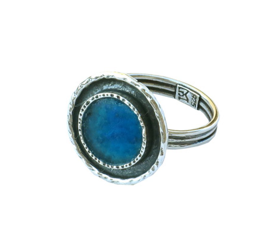 Textured Sterling Silver Ring with Round Roman Glass, Adjustable Band - Michal Kirat