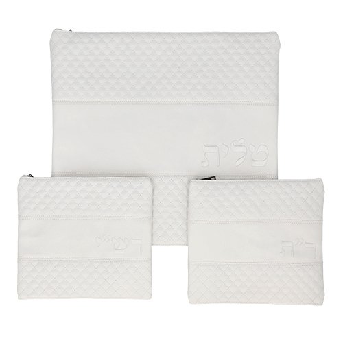 Three Bags Set for Tallit, Rashi and Rabbeinu Tam Tefillin  White Faux Leather